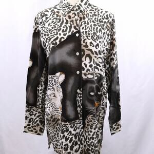 Vintage Moda Spiegel 100% Silk Leopard Panther Print Button Up Blouse Womens S